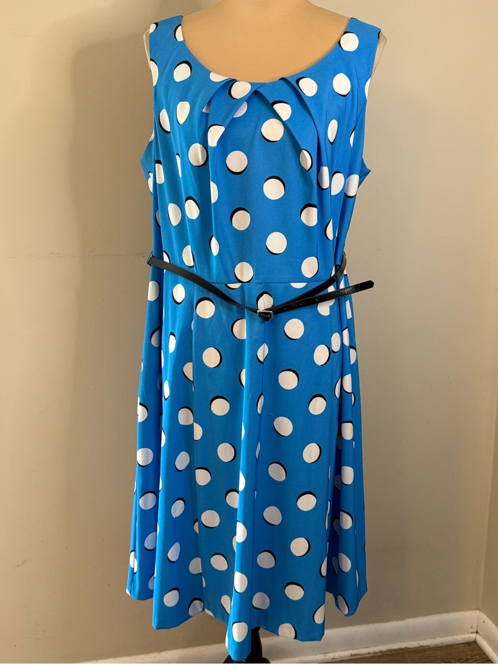Retro polka dot fit flare midi dress pin up preppy blue black white 14W FLAW